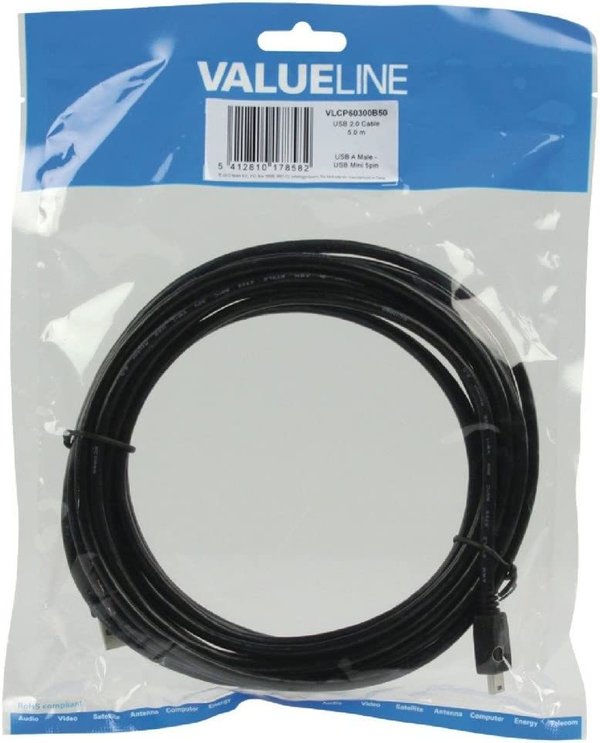 Valueline VLCP60300B50 - USB 2.0 Kabel, Stecker Typ A -> 5-pin Mini-Stecker, 5m, Schwarz