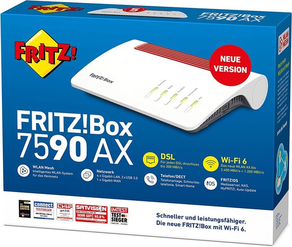 AVM FRITZ!Box 7590 AX, Wi-Fi 6 Router mit 2.400 MBit/s 5GHz & 1.200 MBit/s 2,4 GHz (20002998)