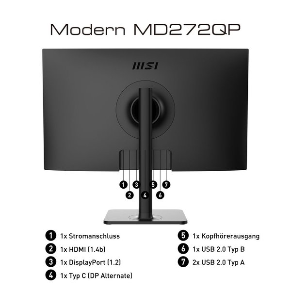 MSI Modern MD272QPDE, 27" Monitor, 2560x1440 WQHD, 75Hz, USB-C 65 W (9S6-3PB19H-011)
