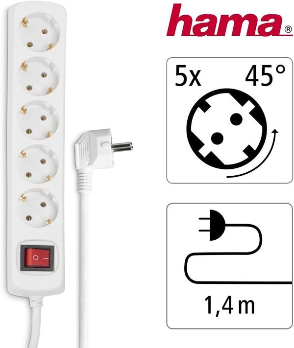 Hama Steckdosenleiste mit Schalter, 5-fach, 1.4m, weiß (47842)