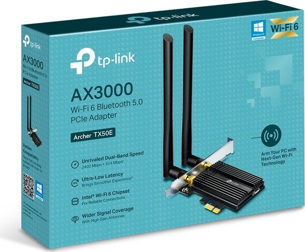 TP-Link AX3000, 2.4GHz/5GHz WLAN, Bluetooth 5.0 LE, PCIe x1 (Archer TX50E)